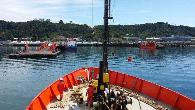 EGS&rsquo;s Vessel RV Geo Explorer approaches the mooring at Puerto Montt, Chile for the commencement of survey operations