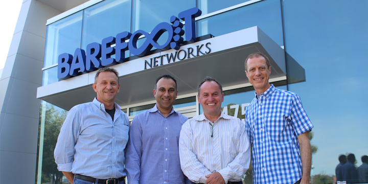 From left: Nick McKeown, co-founder, chief scientist, and chairman of Barefoot Networks; Navin Shenoy, Intel executive vice president and general manager of the Data Center Group; Bob Swan, Intel CEO; and Craig Barratt, Barefoot Networks CEO, stand outside Barefoot Networks’ headquarters after the announcement of Intel’s acquisition of the Santa Clara, CA, company on Monday, June 10, 2019.