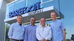 From left: Nick McKeown, co-founder, chief scientist, and chairman of Barefoot Networks; Navin Shenoy, Intel executive vice president and general manager of the Data Center Group; Bob Swan, Intel CEO; and Craig Barratt, Barefoot Networks CEO, stand outside Barefoot Networks’ headquarters after the announcement of Intel’s acquisition of the Santa Clara, CA, company on Monday, June 10, 2019.