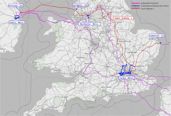 euNetworks' new Super Highway 1 system runs from Dublin to the UK, including a submarine segment.