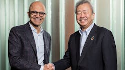 Microsoft CEO Satya Nadella (left), and Jun Sawada, President and CEO of NTT Corp. (right) celebrate their collaboration.