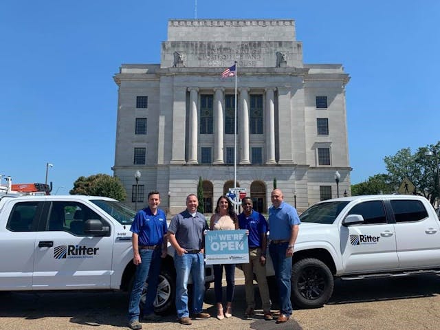 Ritter Communications staff participate in the Texarkana Regional Chamber of Commerce&rsquo;s Tying the Community Back Together campaign. Pictured from left to right: Philip McDowell, business services technician; Chad Bennett, senior solutions engineer; Michelle Citty, business sales representative; Roderick Hall, business sales representative; and Jerry Fleenor, director of enterprise sales.