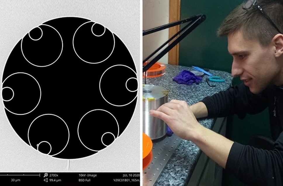 Left: Light propagates through a central hole of the hollow-core fiber. Right: Paper co-author Vincent Michaud-Belleau from COPL, Universit&eacute; Laval.