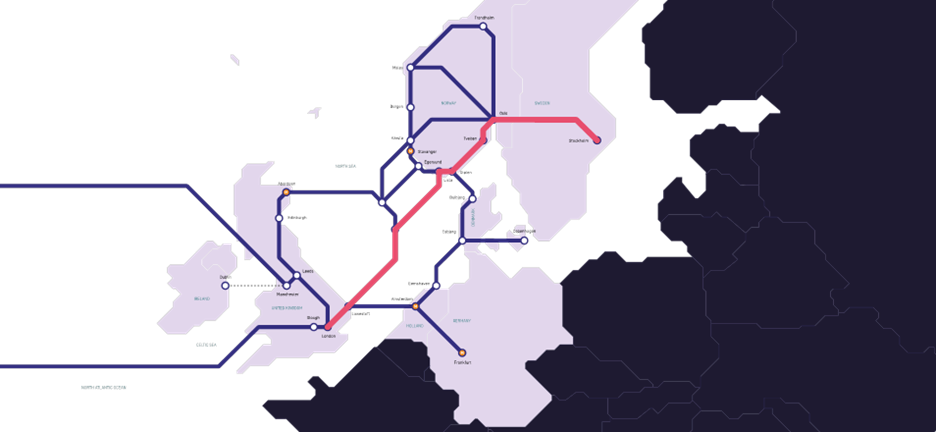 Tampnet's European network and the optimized route between Stockholm and London.