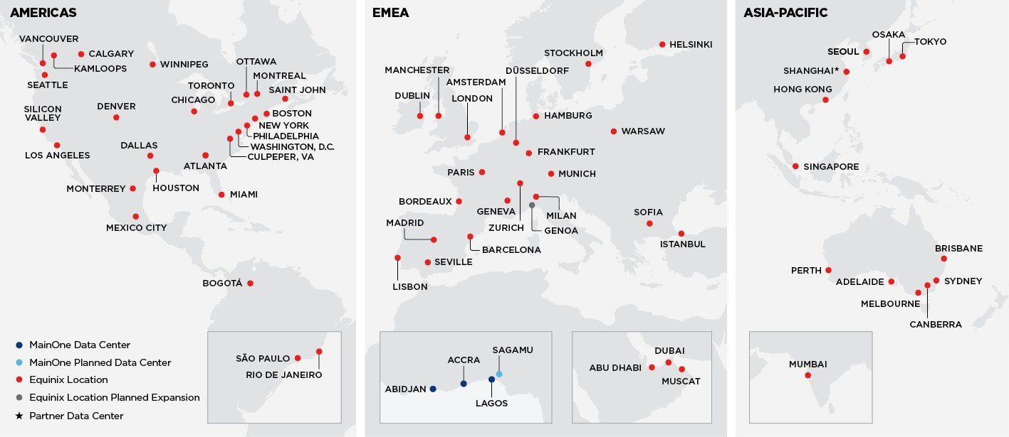The acquisition of MainOne will expand Equinix's footprint into Africa.