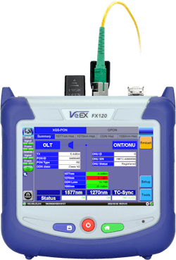 The VeEX FX120 XG(S)-PON analyzer assists in the installation, activation, and troubleshooting of 1-Gbps and 10-Gbps all-fiber and hybrid access networks. The VeEX FX120 XG(S)-PON analyzer assists in the installation, activation, and troubleshooting of 1-Gbps and 10-Gbps all-fiber and hybrid access networks.