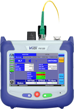 The VeEX FX120 XG(S)-PON analyzer assists in the installation, activation, and troubleshooting of 1-Gbps and 10-Gbps all-fiber and hybrid access networks.