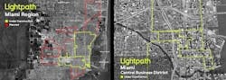 Lightpath expects to have 55 miles of fiber in Miami&apos;s Central Business District (yellow in the map on the right) available to customers by this January.
