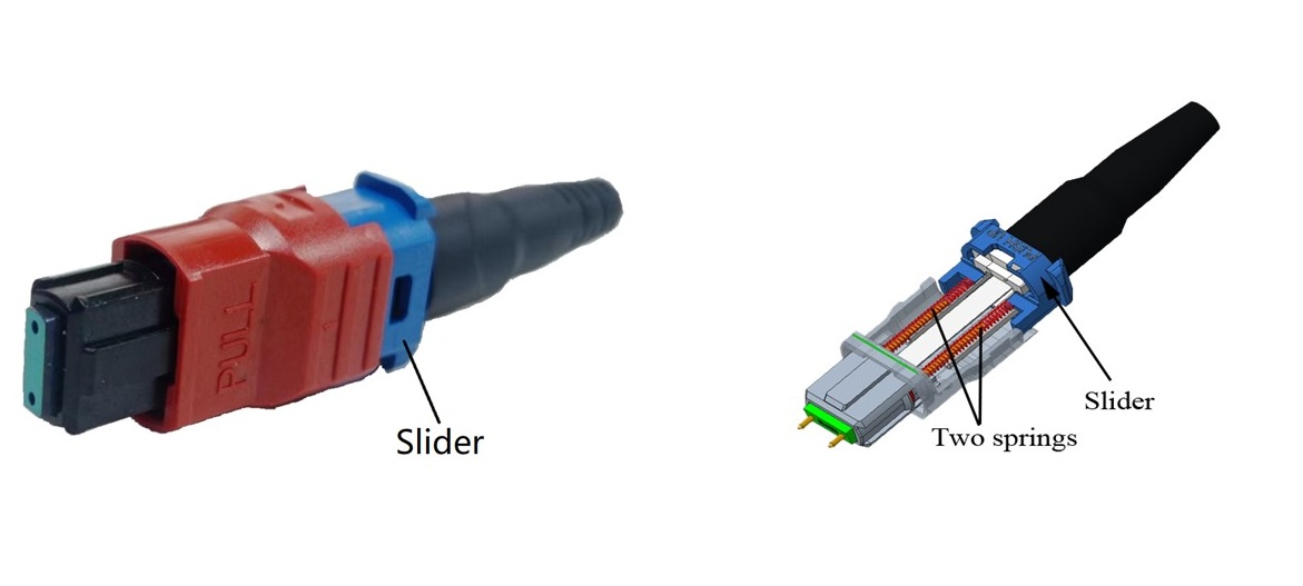 The Arrayed Fiberoptics MJC fiber connector features a slider at the rear that can be used to adjust the spring tension (left). The internal structure of the connector is shown at right.