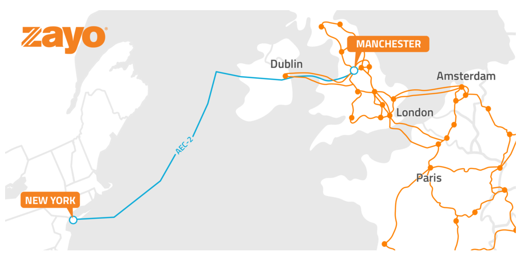 Map of Zayo's new transatlantic route connecting Manchester and New York.