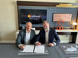 Infinera CEO and Board Member David Heard (left) and Hawe Telekom Vice President of the Management Board Dominik Drozdowski recently signed a technology supply MoU. Infinera CEO and Board Member David Heard (left) and Hawe Telekom Vice President of the Management Board Dominik Drozdowski recently signed a technology supply MoU.