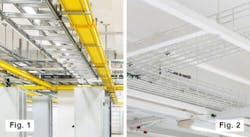 Suspended cable trays are a common method of routing wire and cable. Figure 1: Shows examples of ladder and solid bottom trays. Figure 2: Shows an example of a basket tray