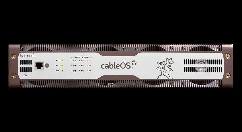 Housing up to nine modular line cards in two standard rack units, each with two independent Remote-PHY devices (RPDs) for a total of 18 RPDs, Harmonic says its CableOS Reef RPS 'delivers significantly increased density relative to existing solutions and unprecedented low power consumption.'