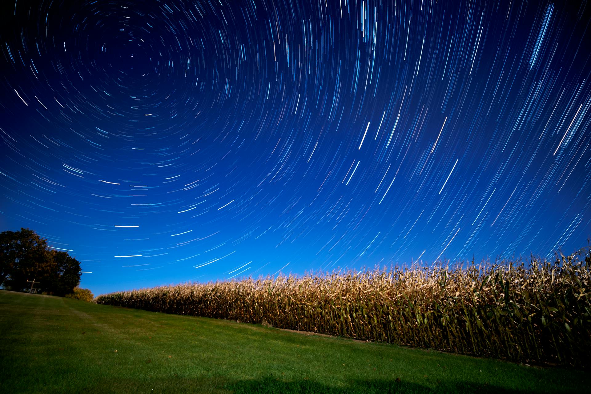 A 40-minute live composition star trail captured over rural Michigan on a cloudless night.
