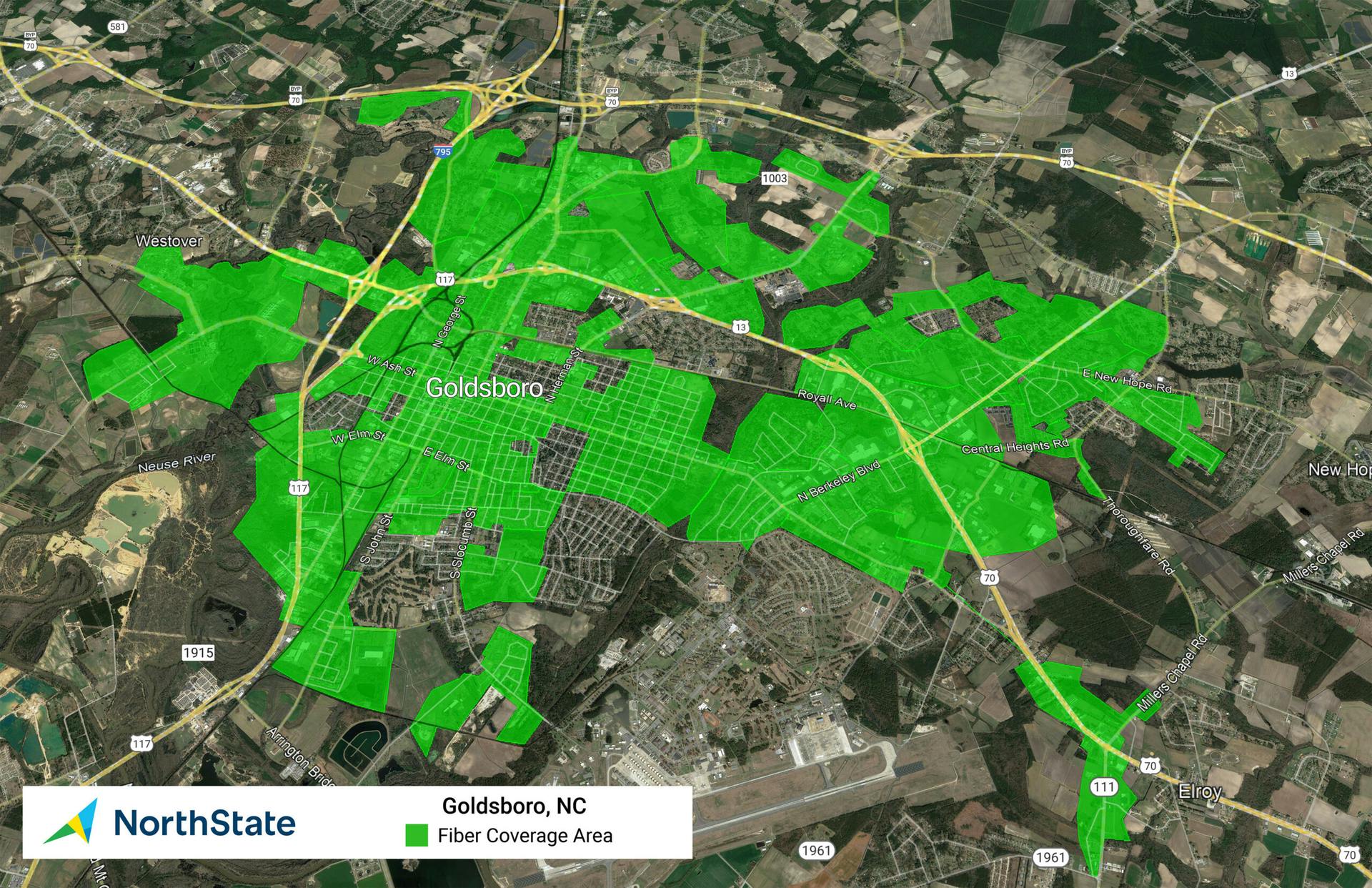 Northstate's North Carolina fiber coverage area.