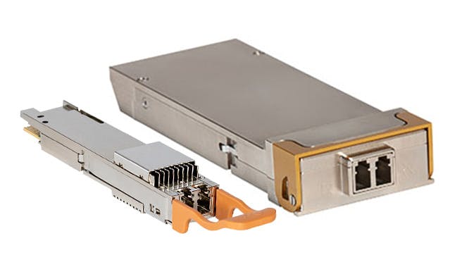Acacia Communications' 100G DWDM transceiver comes in a QSFP-DD form factor (left), while the bidirectional module is in a CFP2-DCO format.