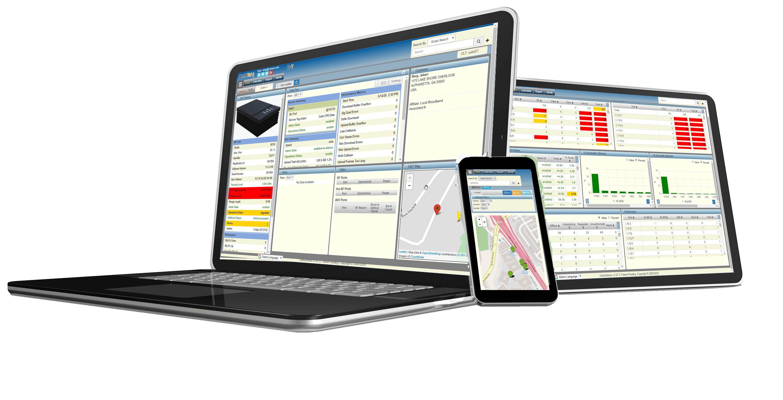 The TruVizion FTTx interface displays the performance parameters of PON-based fiber networks.
