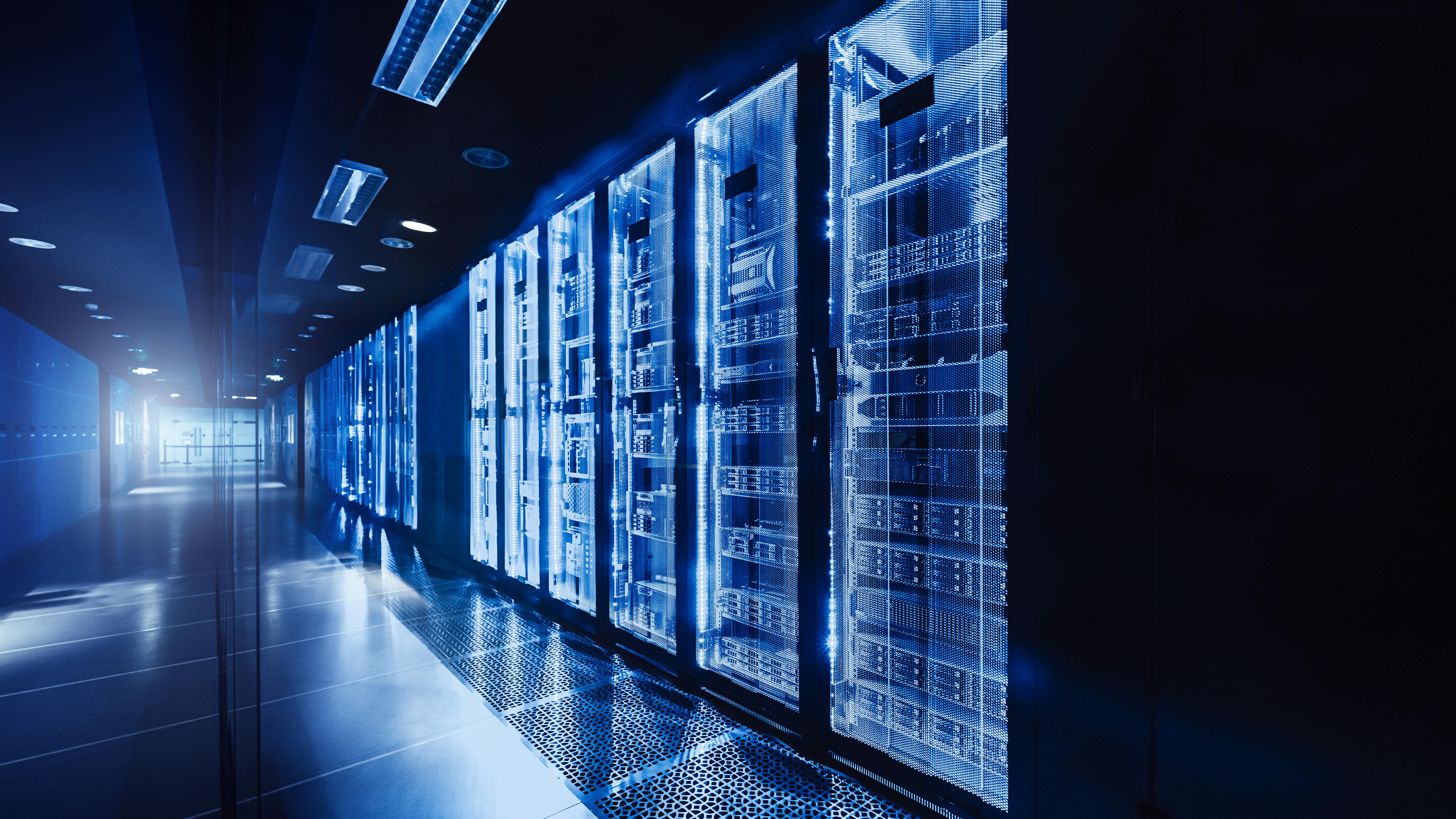 Data center server room with server racks.
