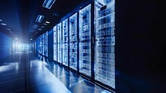 Data center server room with server racks.