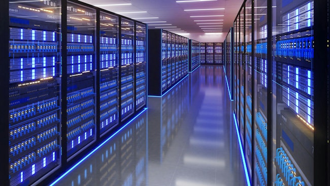 Data center with rows of server racks.