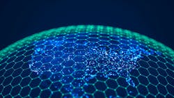 Earth, as seen from space, covered in a mesh representing satellite communications. Earth, as seen from space, covered in a mesh representing satellite communications.