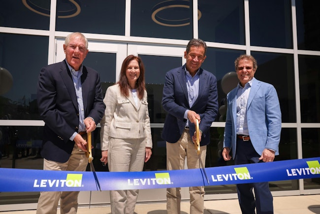 Fiber Factory Expansion Ribbon Cutting: Donald Hendler (Chairman of the Board), Karen Berry (Senior Director of Operations, Leviton Fuquay Varina, NC), Daryoush Larizadeh (President and Chief Executive Officer), Ross Goldman (Chief Operating Officer Leviton Network Solutions, Chief Sustainability Officer, Leviton)