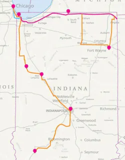 Quantum Corridor's commercial quantum-capable fiber network in North America, with its first transmissions from Chicago to Hammond, Indiana.