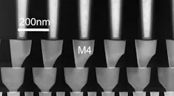 STEM cross-section image of 3D HZO FeCap based FeRAM array integrated at 22nm FDSOI node in BEOL between Metal4 and Metal5, featuring 0.047µm2 1T1C bitcell size with Logic NMOS transistor.